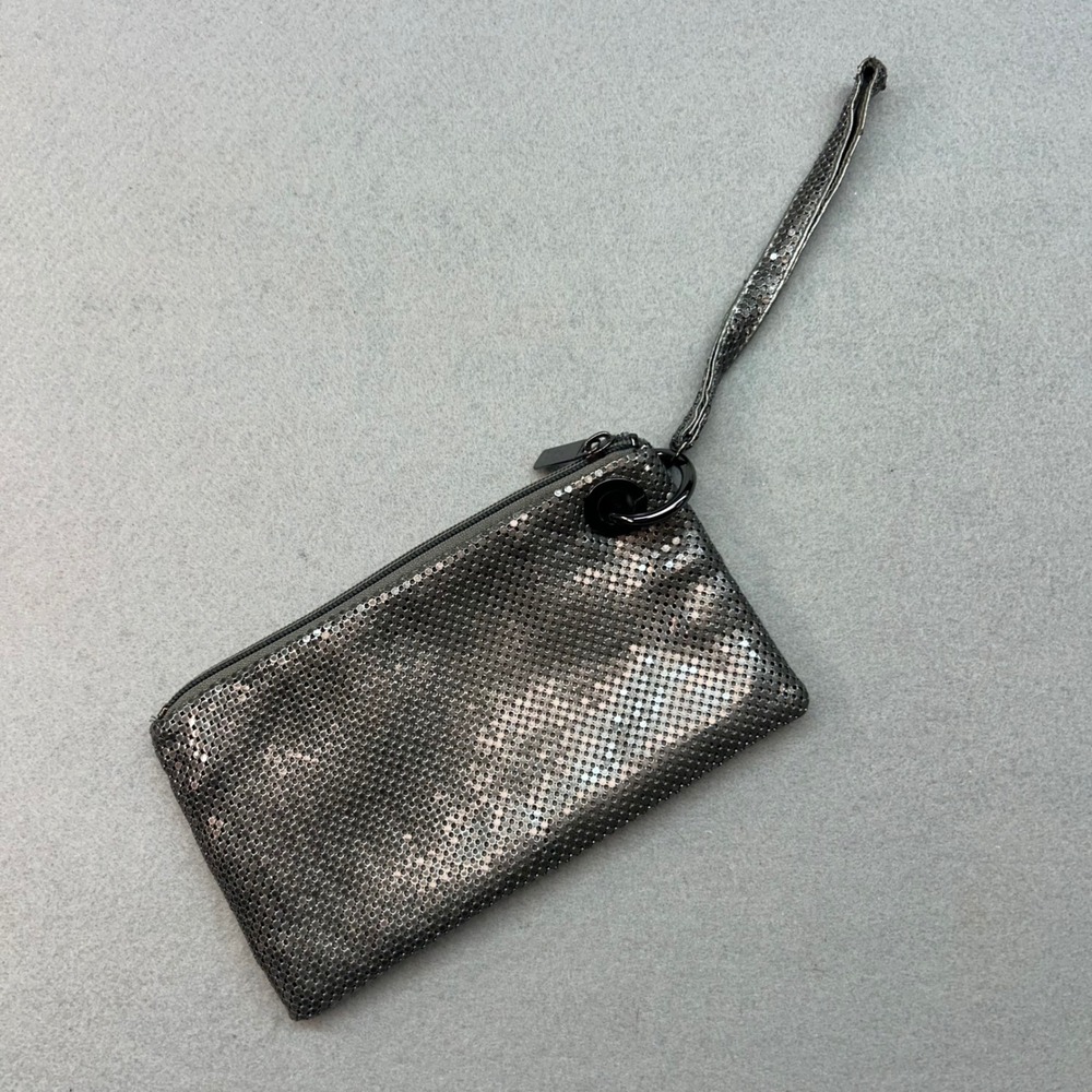 Gunmetal Metallic Mesh Wristlet Pouch Zip Top Small Clutch Bag Silver Gray